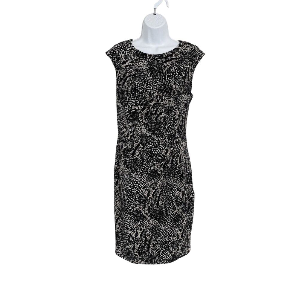 Ann Taylor Factory Dress Size 10 Black Beige Animal Print Cap Sleeve Sheath